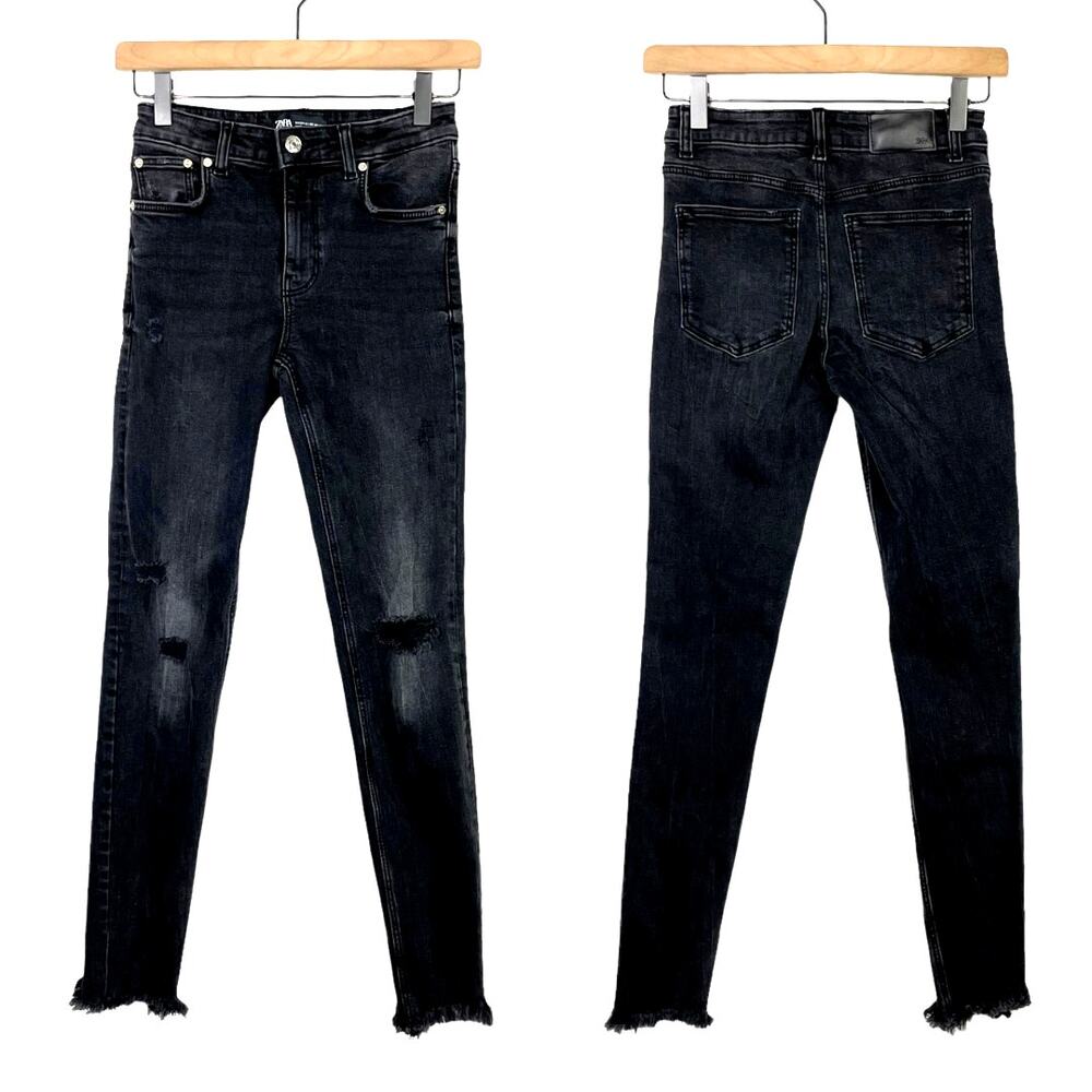 Zara | Black Distressed Raw Hem Mid Rise Skinny Jeans